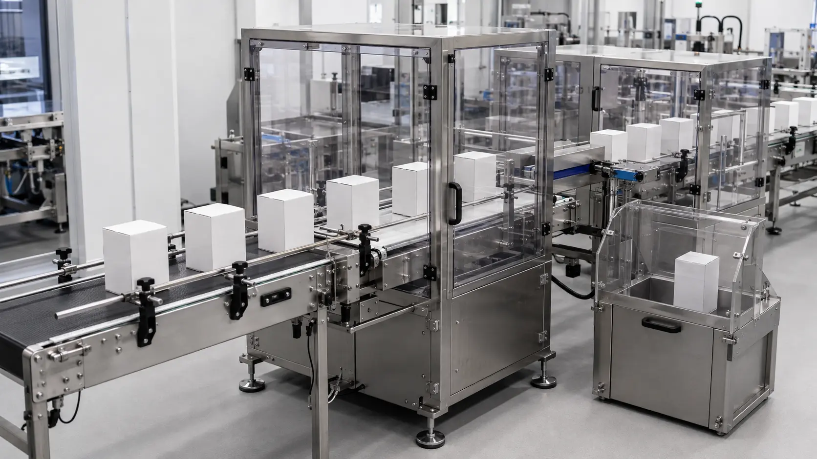 Printed cartons travelling in single file through an industrial checkweigher