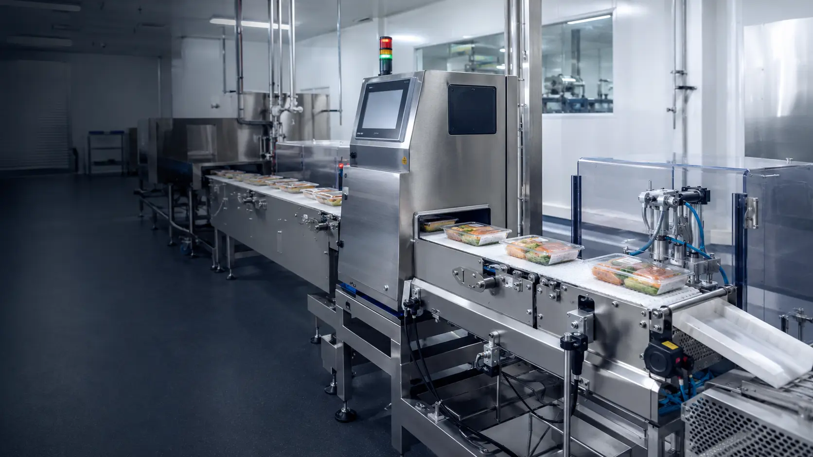 Stainless steel in-line checkweigher integrated into a food packaging production line