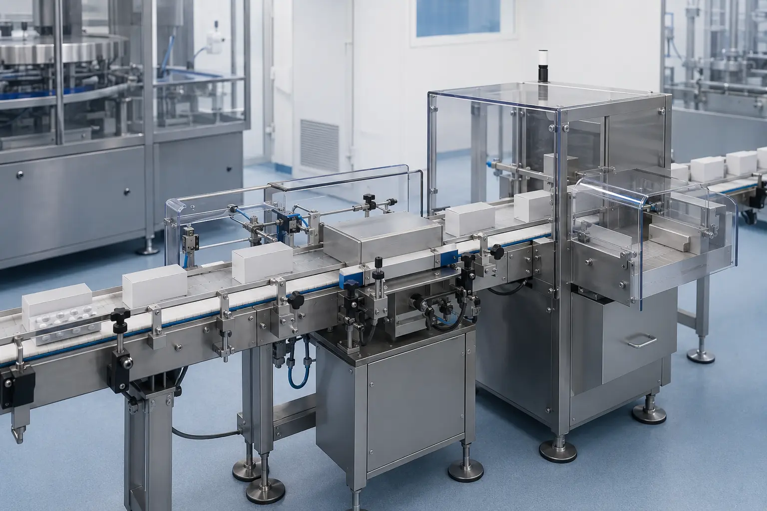 Compact pharmaceutical checkweigher inspecting cartons on a clean production line